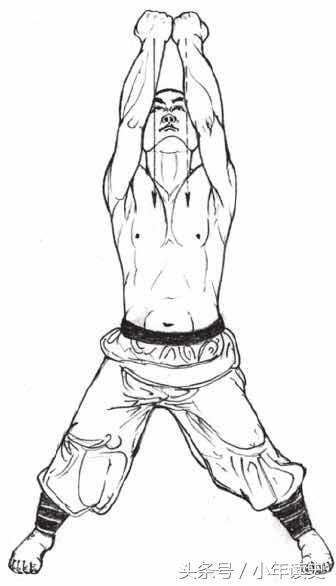 5,左右手各托举3次后,两拳仍握固,屈臂上举至头额上方,拳心向后;目视