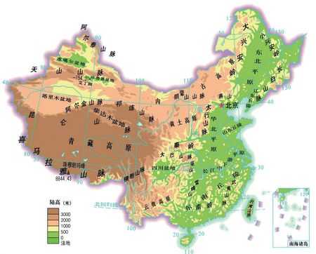 中國三級階梯示意圖:中國主要山脈和山峰圖:中國地形總覽圖(這張圖