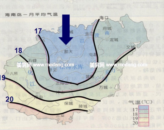 海南岛东南部地区较之北部纬度较低(纬度低,温度高).