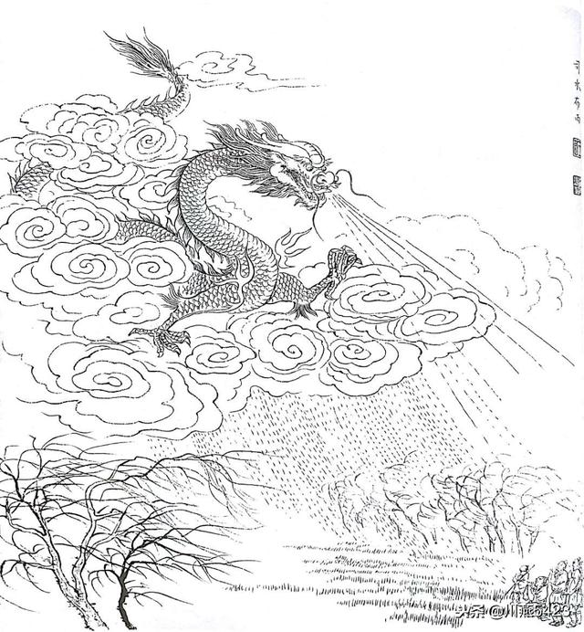 线描中国龙虎虎生威百猫图