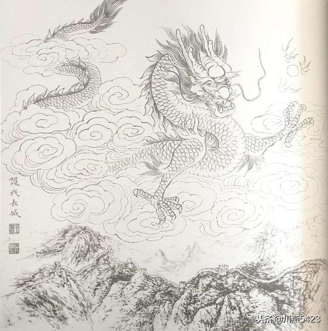 线描中国龙虎虎生威百猫图