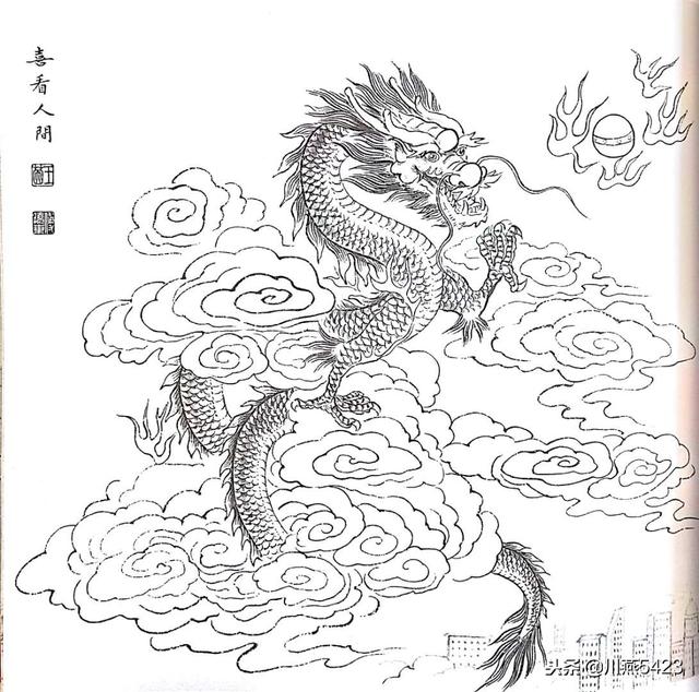 线描中国龙虎虎生威百猫图